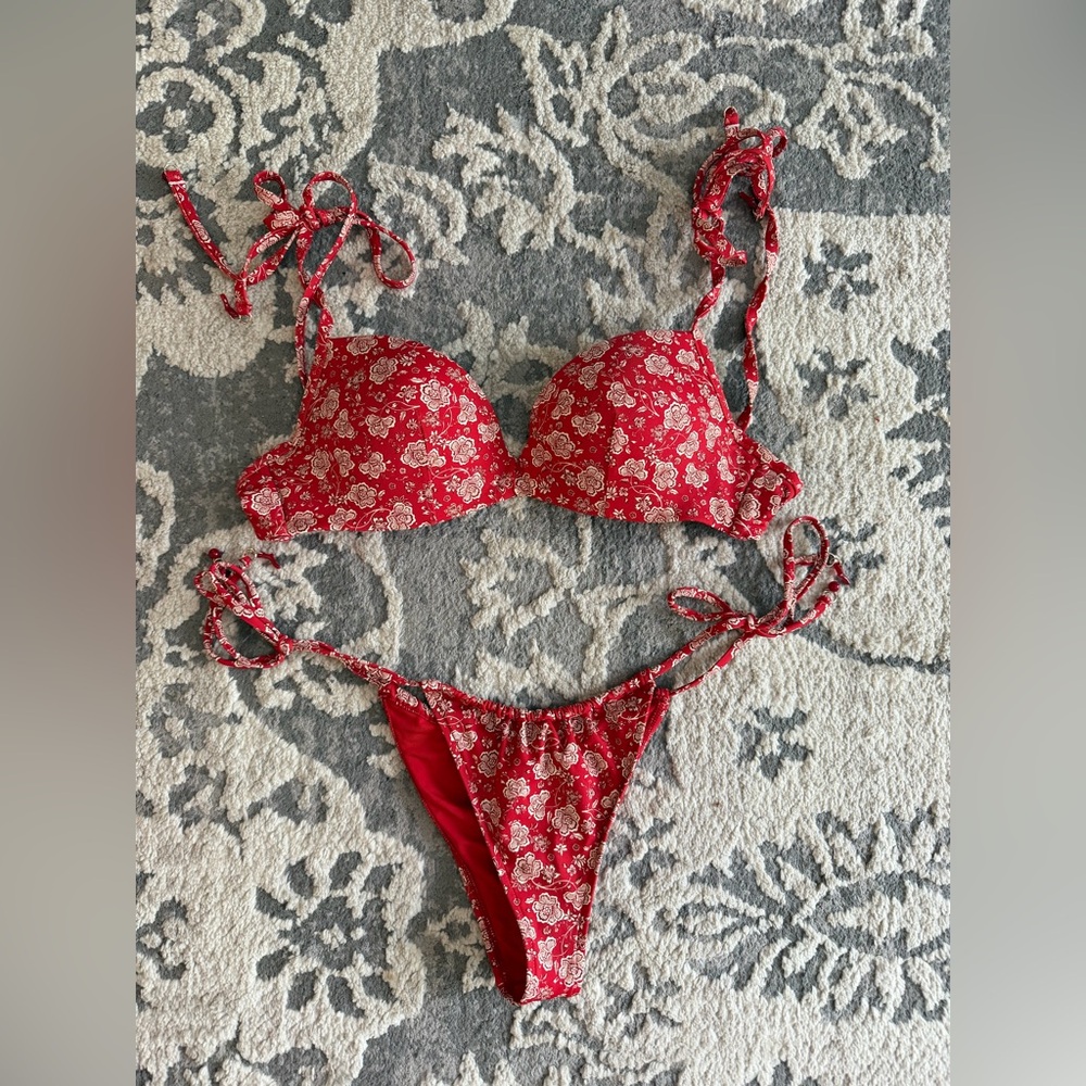 Red Floral Tie-Strap Bikini Set - Women's Swim